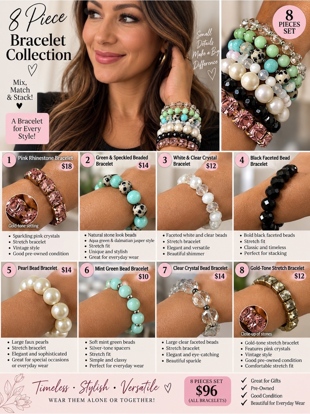 8-Piece Women's Bracelet Set - Mixed Colors (Pink, Green, White, Black, Gold)